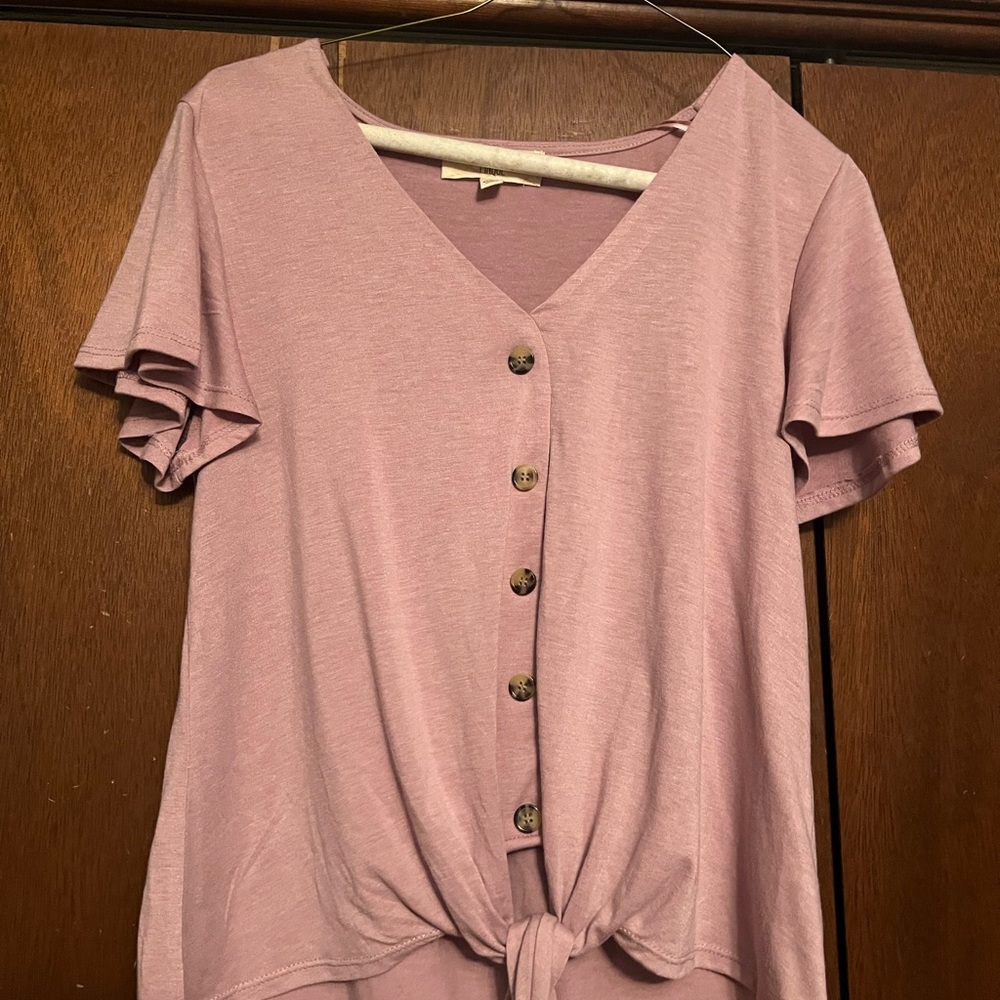 Pink Flutter Sleeve Button Down Top with Tie Front